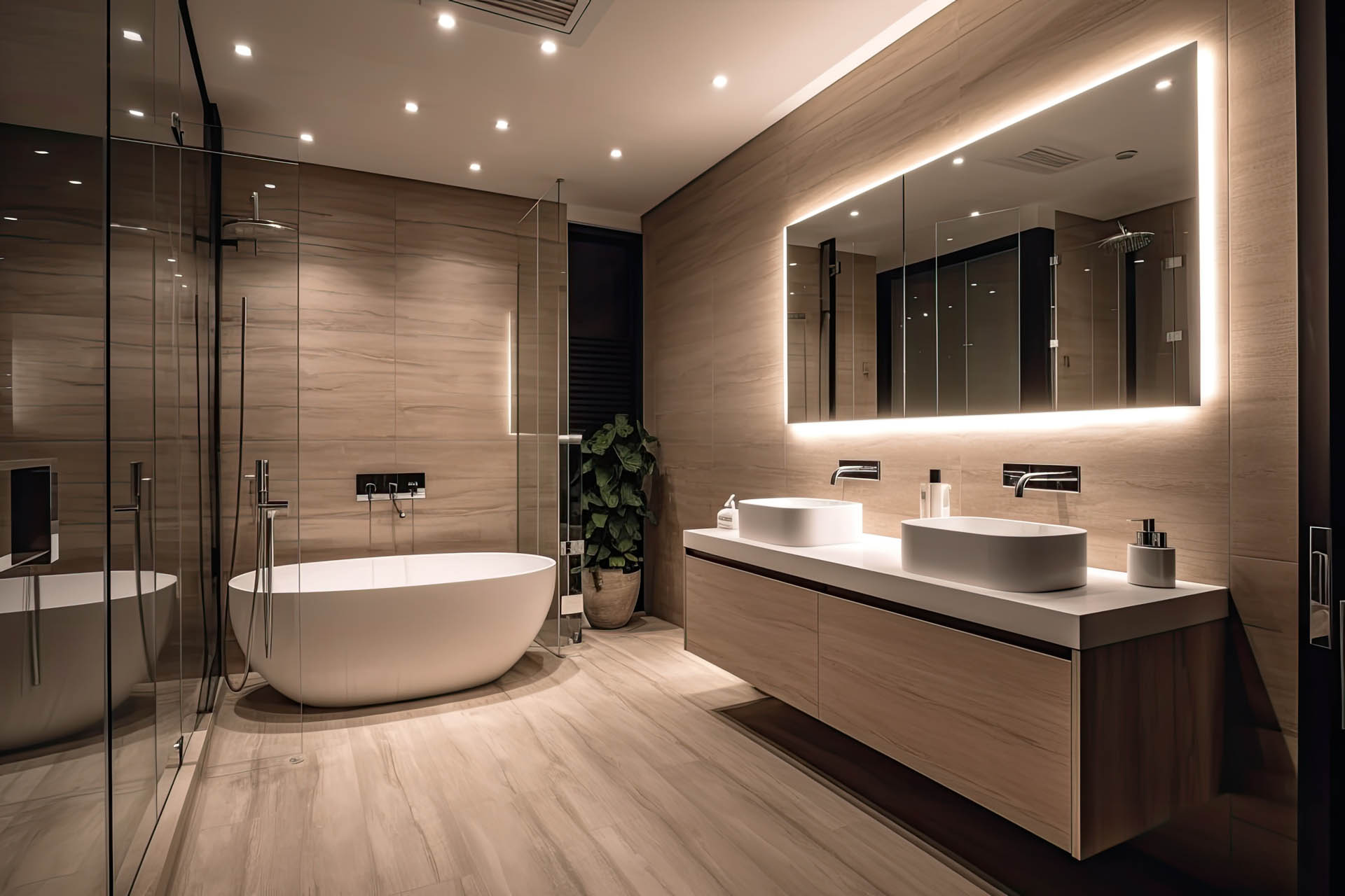 sleek grey marble bathroom with LED lighting, double vanity, and freestanding tub